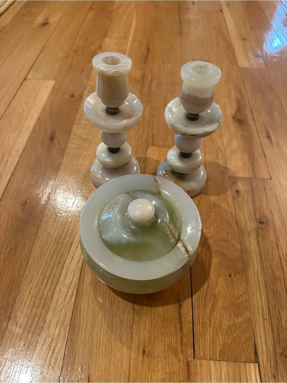 Cream and Green Onyx Decorative Jar with Matching Candlesticks